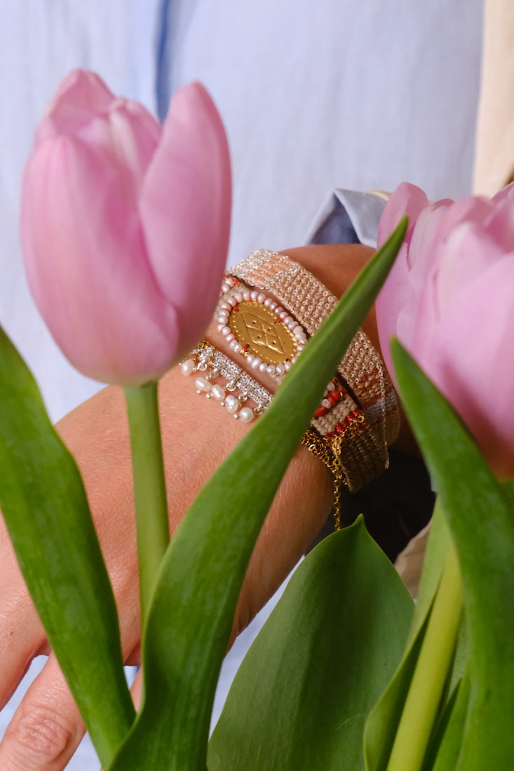 Loom woven bracelet , Hand embroideried with pearls and corals  #110