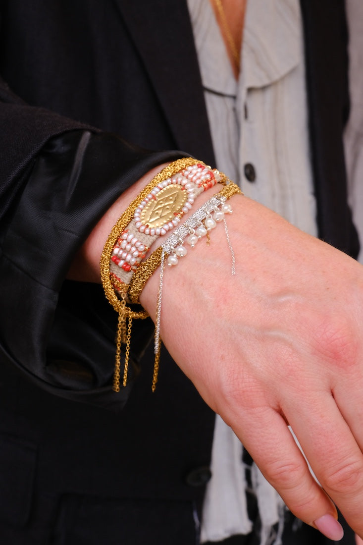 Loom woven bracelet , Hand embroideried with pearls and corals  #110