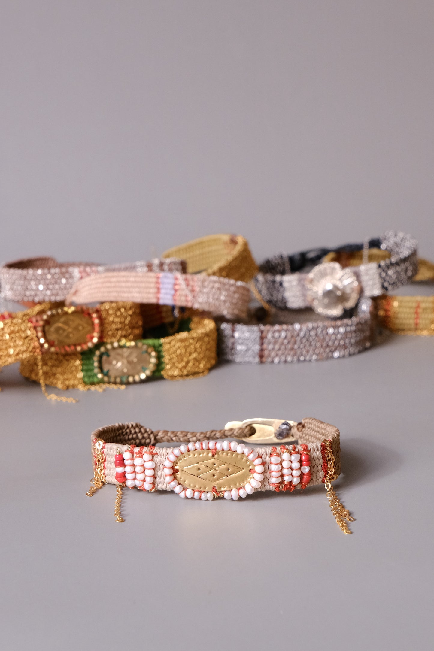 Loom woven bracelet , Hand embroideried with pearls and corals  #110